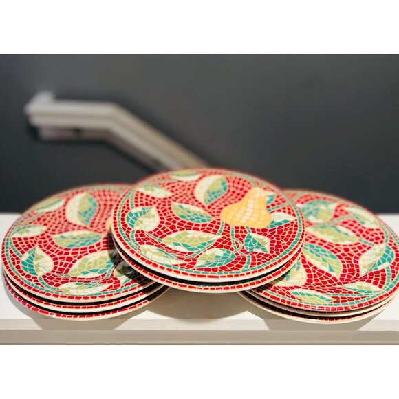 Pier 1 Mosaic Fruit Salad Plates|Set of 8|Made in Italy8.25" Round|Fruit Pattern - Picture 4 of 11